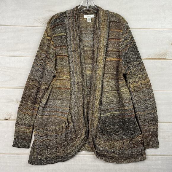 CJ Banks Open Cardigan Sweater Womens 1X Brown Stripe Pockets Shawl Collar - Picture 1 of 9